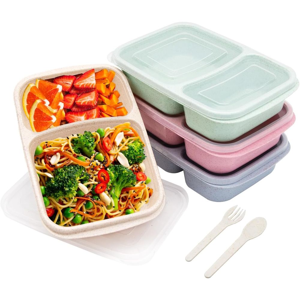 Storage Food Prep - 4パック弁当箱、2つのコンパートメント付き食事準備容器、蓋付き、電子レンジ＆食洗機対応、再利用可能な仕切り付き食品保存容器