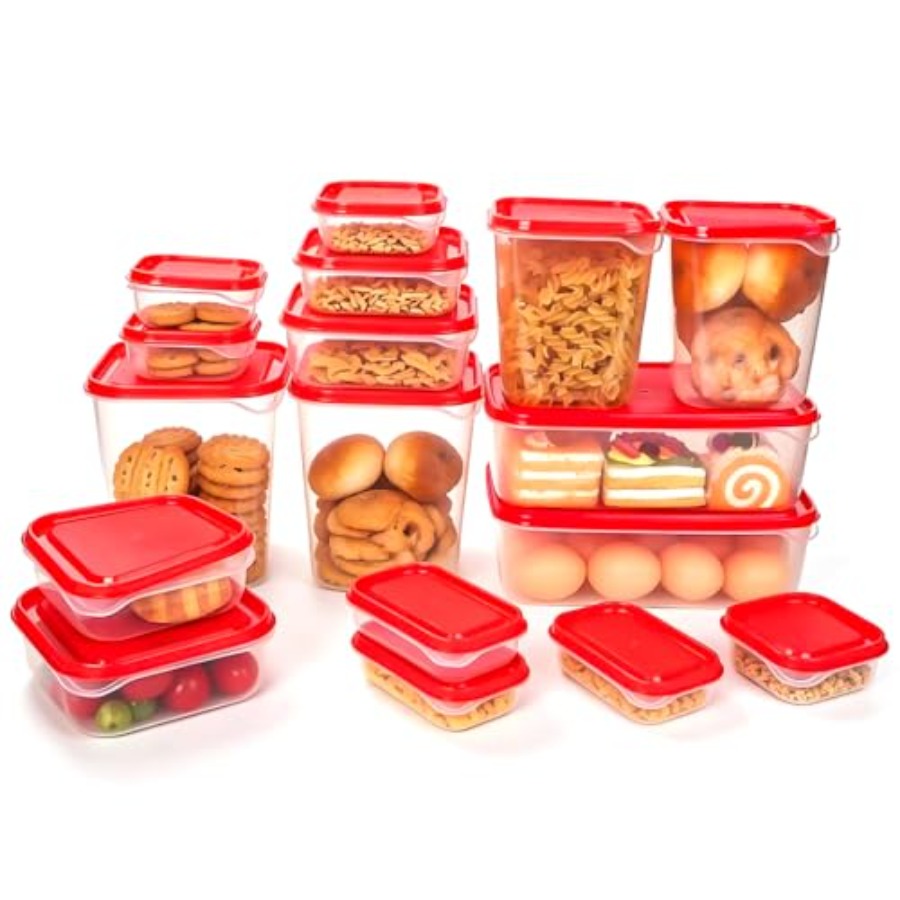 Food Storage Kits - 17個入りプラスチック食品保存容器セット、赤い通気蓋付きBPAフリー、持ち運び可能な食品保存容器、食事の準備、残り物、キット用