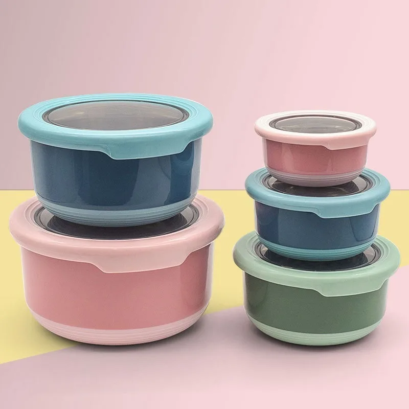 Food Storage Tupperware - ふた付きステンレス製クリスパーラウンド、学生お粥ボウル、サラリーマン弁当箱、食品容器、冷蔵庫生鮮ボウル