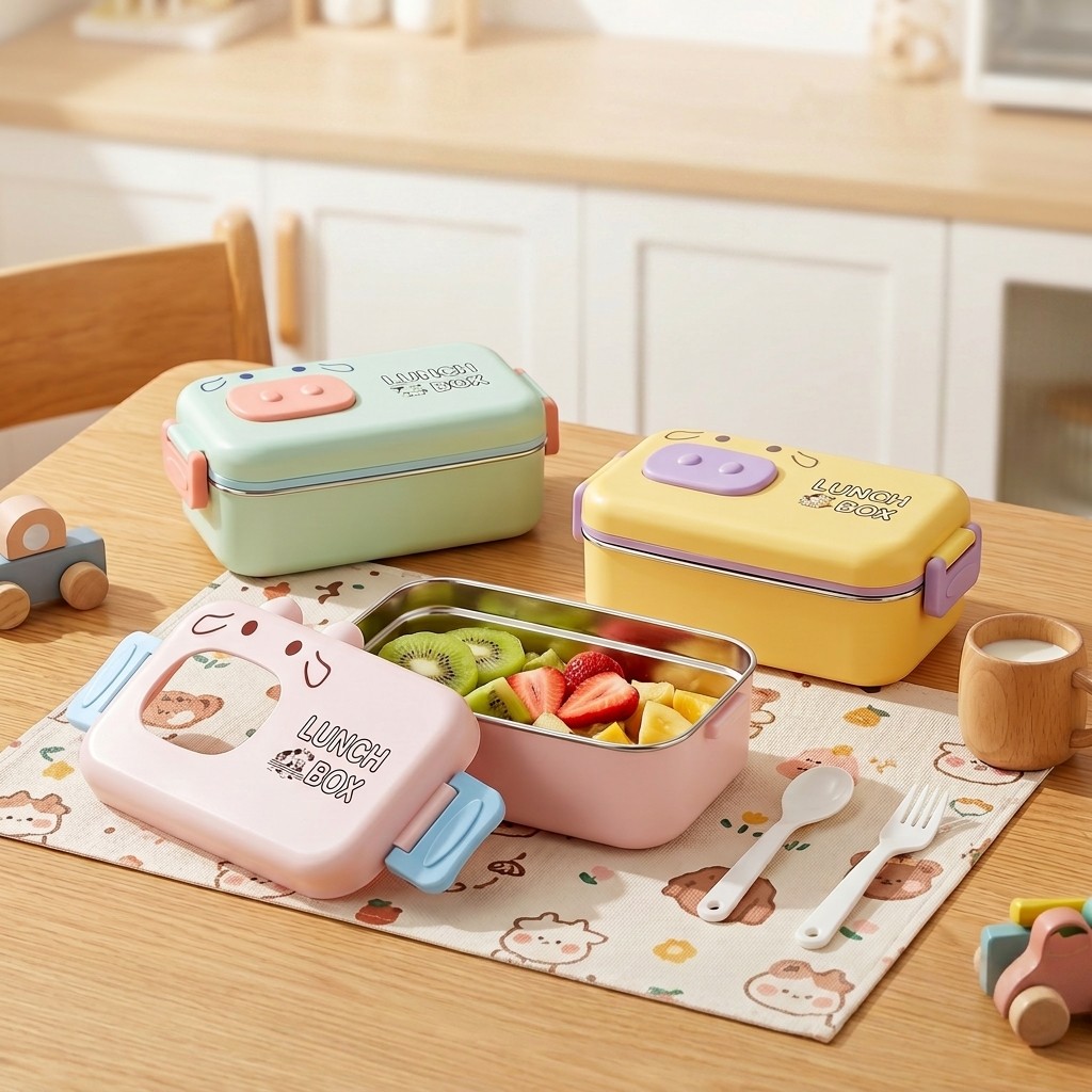 Food Storage Cabinet For Kitchen - 304ステンレス製弁当箱、漏れ防止仕切り付き子供用ランチボックス、漫画柄、電子レンジ対応食品保存容器、カトラリー付きスナックボックス