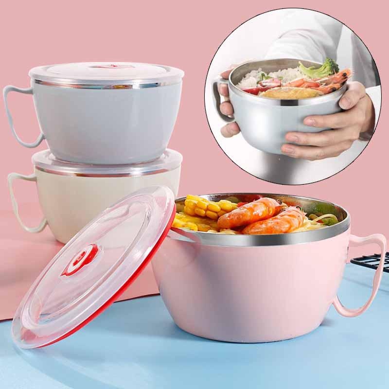 Food Storage Tupperware - ポータブルステンレス鋼蓋付きインスタントラーメンボウル二重断熱熱傷防止ランチボックスキッチン用品