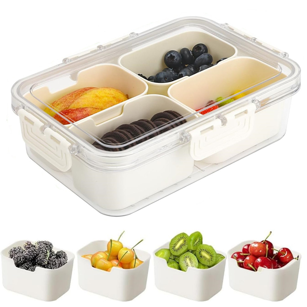 Food Storage Ideas - ポータブル食品保存箱、スナック収納ボックス、蓋付き4つのコンパートメント、独立したサービングトレイ、キッチン用スナックボックス、フルーツフードコンテナ