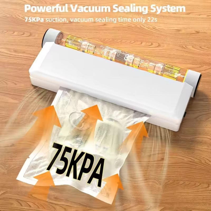 Food Storage Vacuum Sealer Machine - 食品保存真空シーラーマシン 75KPA 強力吸引 乾湿両用モード 食品用真空シーラーバッグ20枚 デジタル表示