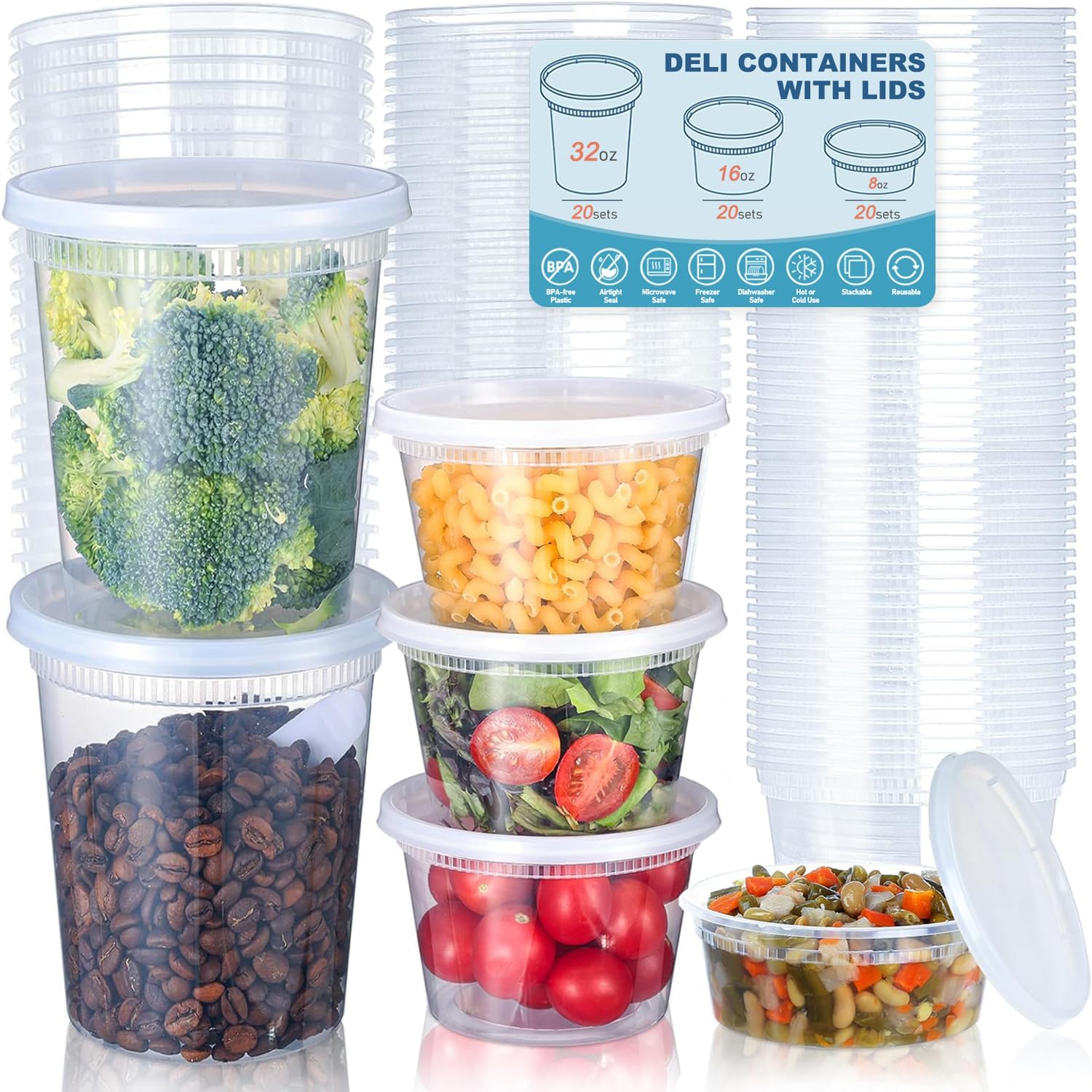 Food Storage Ideas - プラスチック製食品保存容器,蓋付き,冷凍庫,BPAフリー,24個,8オンス,16オンス,32オンス