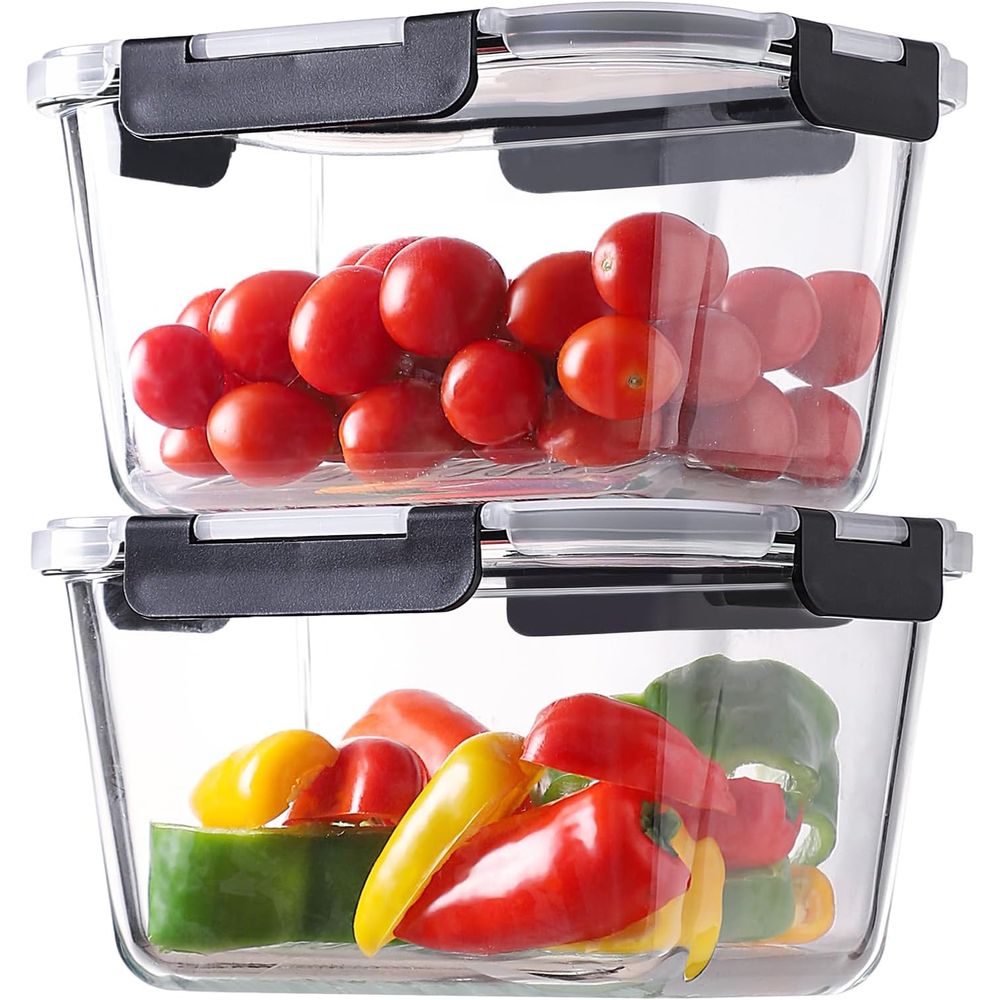 Storage Food Prep - 4個セット 63オンス ガラス製食品保存容器 蓋付き、食事準備用、気密、漏れ防止、電子レンジ・オーブン対応