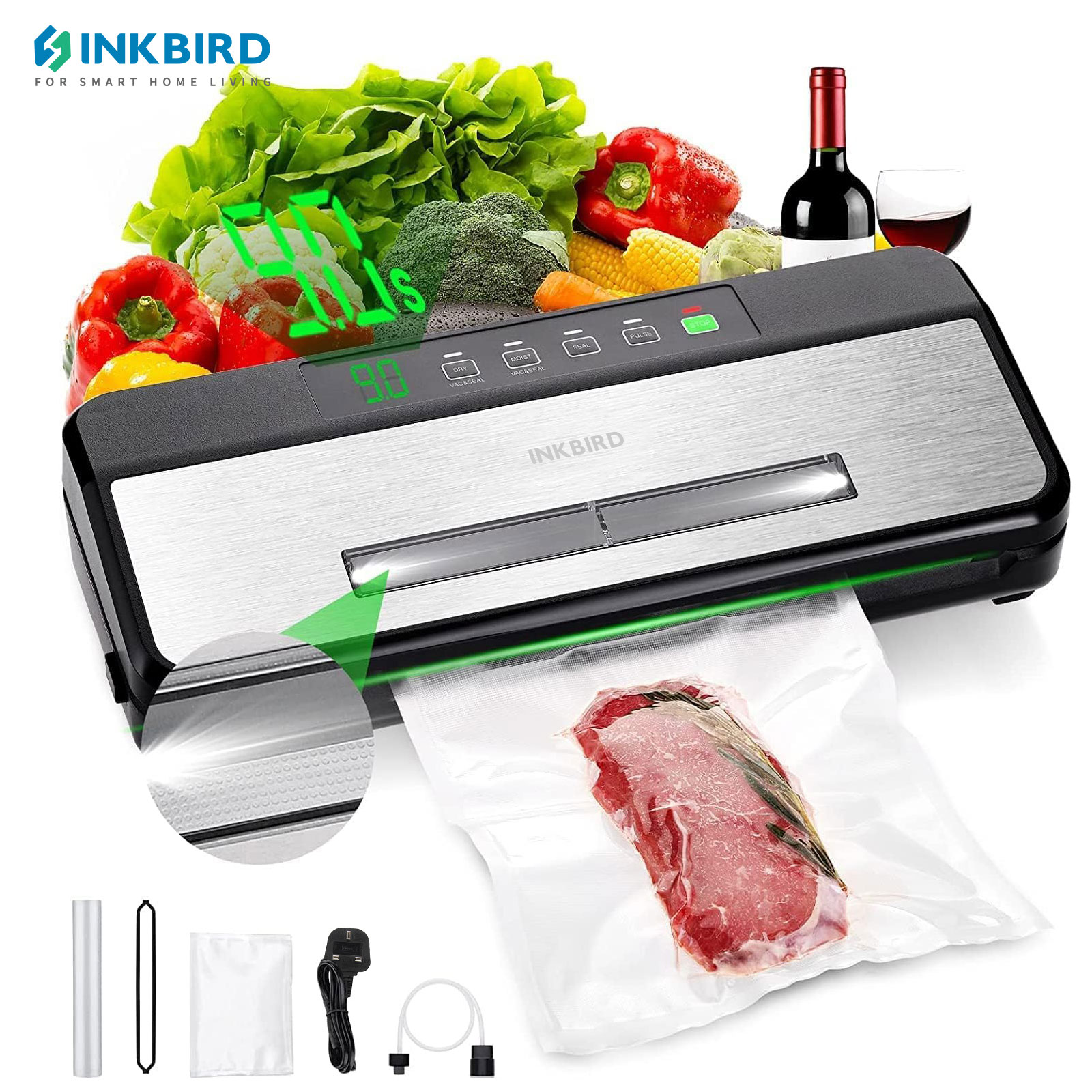 Food Storage Vacuum Sealer Machine - スターターキット付き真空シーラーINKBIRD-3rd,高吸引80Kpa,キッチンおよび家庭用食品シーラー,肉および野菜用