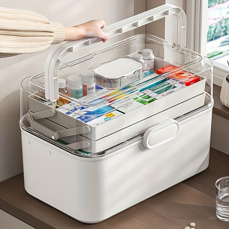 Food Storage Cabinet For Kitchen - 大容量透明蓋付き薬収納ボックス/ディスペンサーボックス - プラスチック製薬品収納キャビネット、家庭、オフィス、キッチン、バスルーム、寝室用多目的オーガナイザーボックス - 薬や事務用品用の省スペースカウンタートップオーガナイザー -