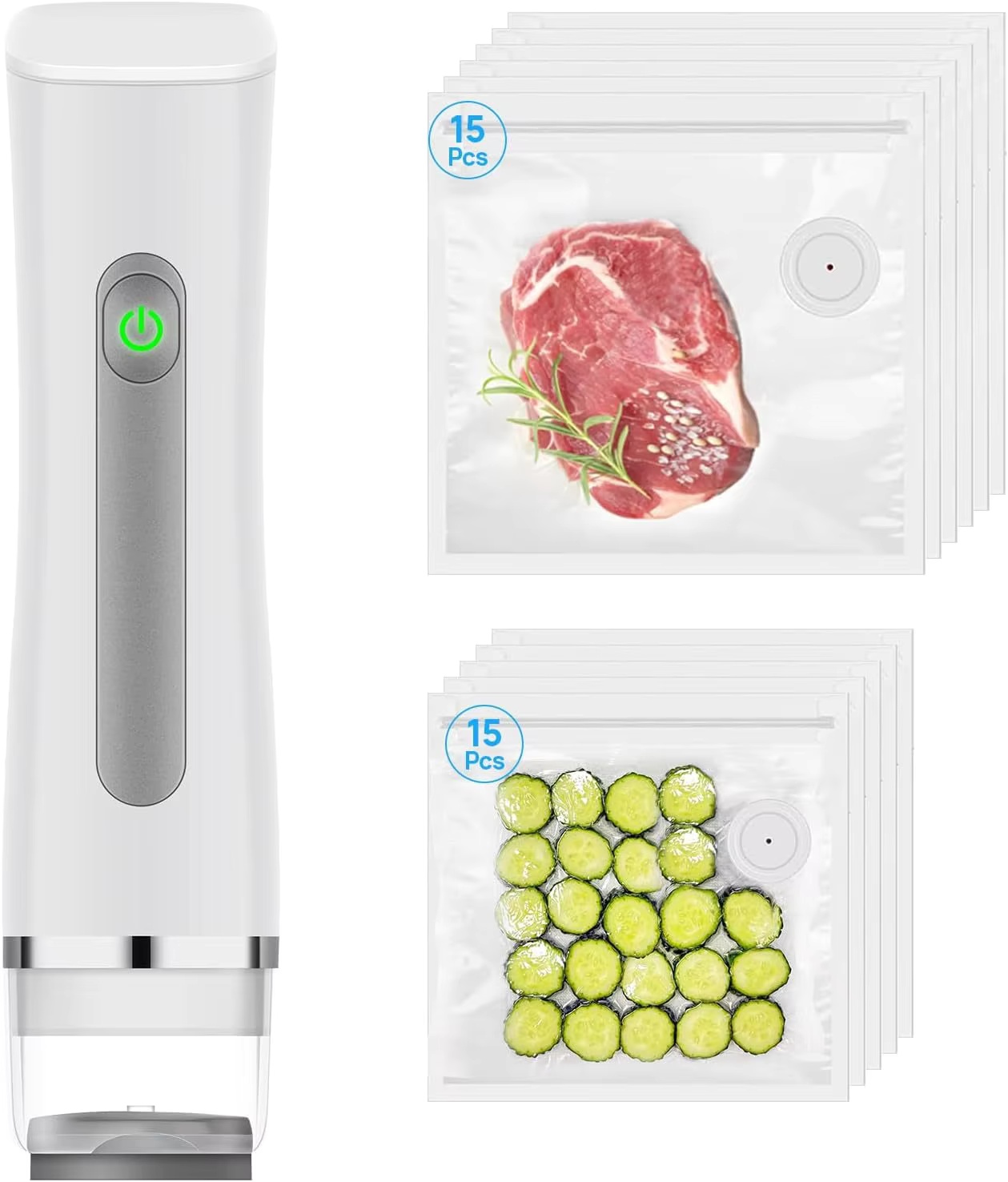 Food Storage Vacuum Sealer Machine - 真空シーラー、水タンクが見えるタイプ、携帯用真空シーラーマシン、5倍の保存と鮮度を保つための再利用可能なバッグ10枚付き