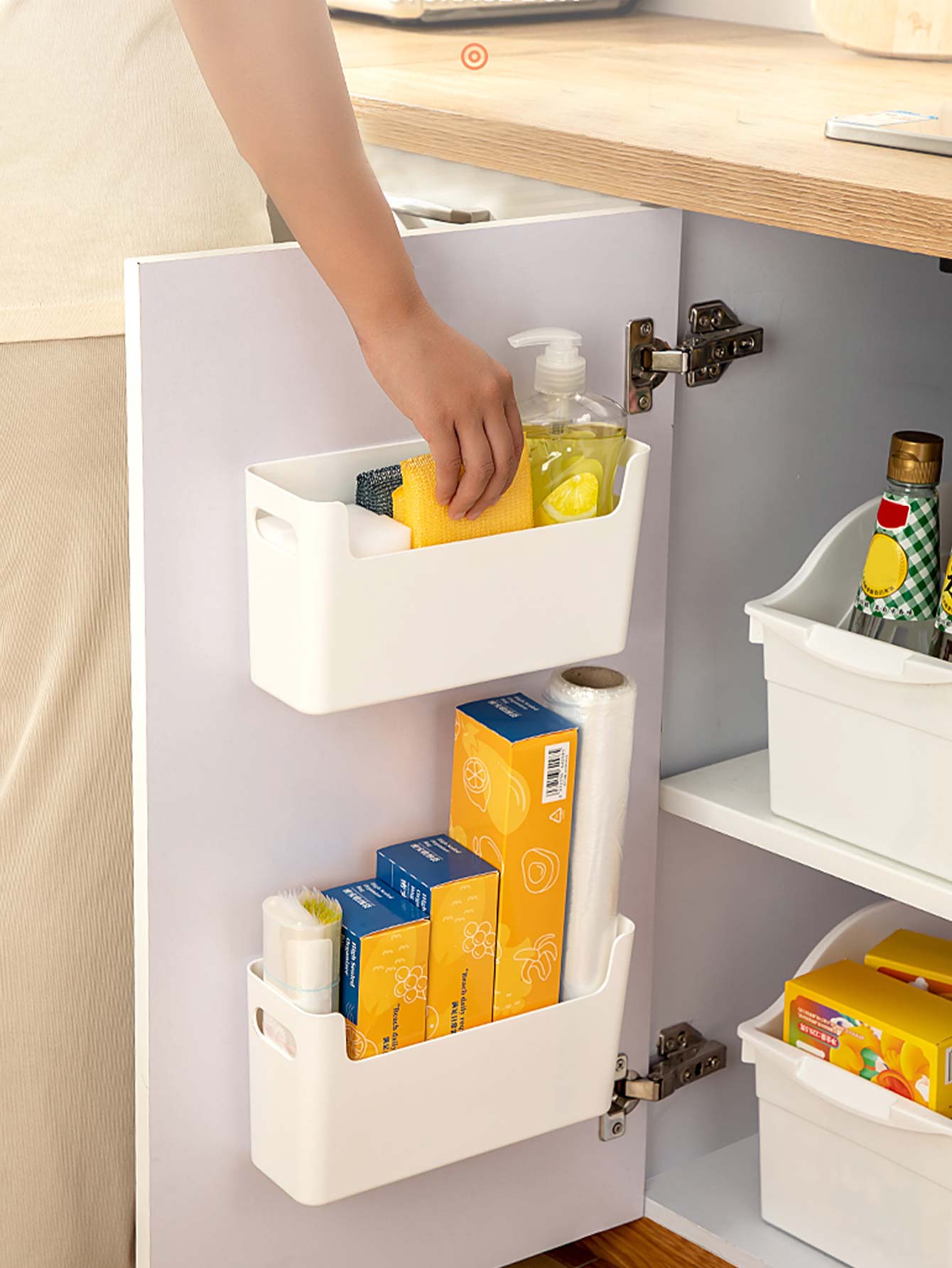 Food Storage Cabinet For Kitchen - パンチフリーキャビネットドアオーガナイザープラスチック壁掛け収納ボックススポンジホルダーキッチン収納整理用ラップフィルムホルダー