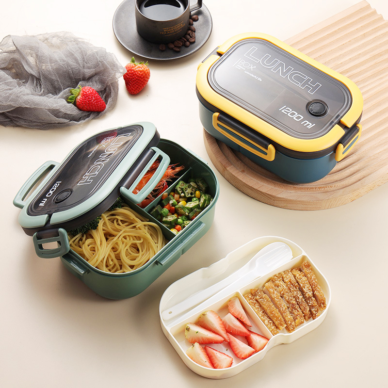 Food Storage Tupperware - 電子レンジ用ランチボックスフォークとスプーン付きダブルレイヤーランチボックスポータブルコンパートメントフルーツフードボックス