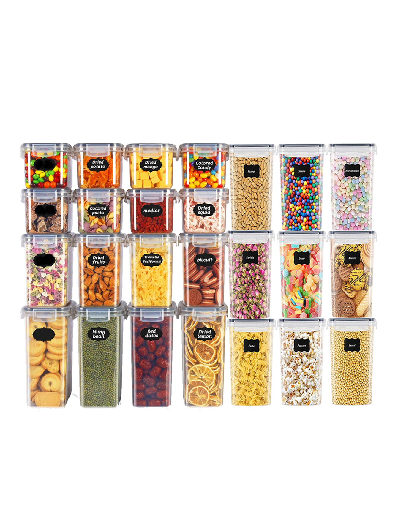 Food Storage Ideas - 48個入り、蓋付き密封食品保存容器、プラスチック製キッチンパントリー、乳糖、穀物、小麦粉、砂糖用の乾物保存瓶、ラベル付き