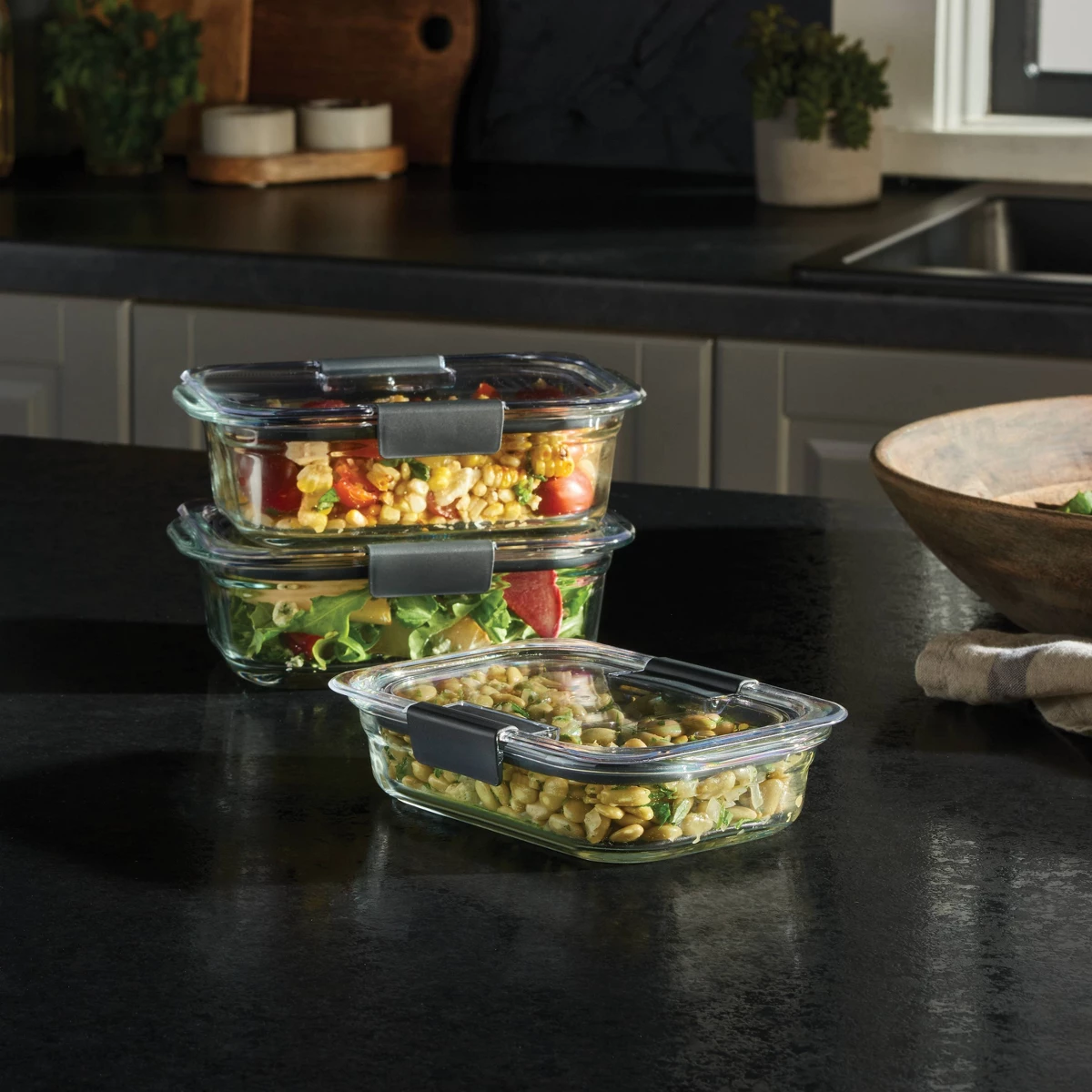 Storage Food Prep - ラバーメイド 6個入り（3個セット）ブリリアンスガラス食品保存容器：蓋付きガラス製ミールプレップ＆ランチ容器