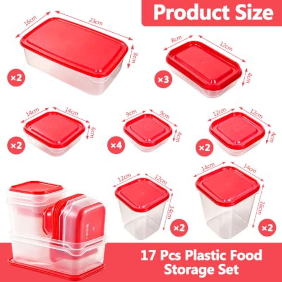 17個入りプラスチック食品保存容器セット、赤い通気蓋付きBP - Food Storage Kits のレビューと価格