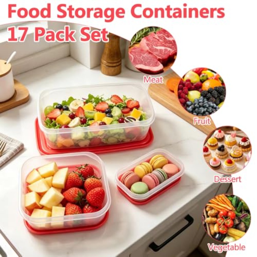 17個入りプラスチック食品保存容器セット、赤い通気蓋付きBP - Food Storage Kits のレビューと価格