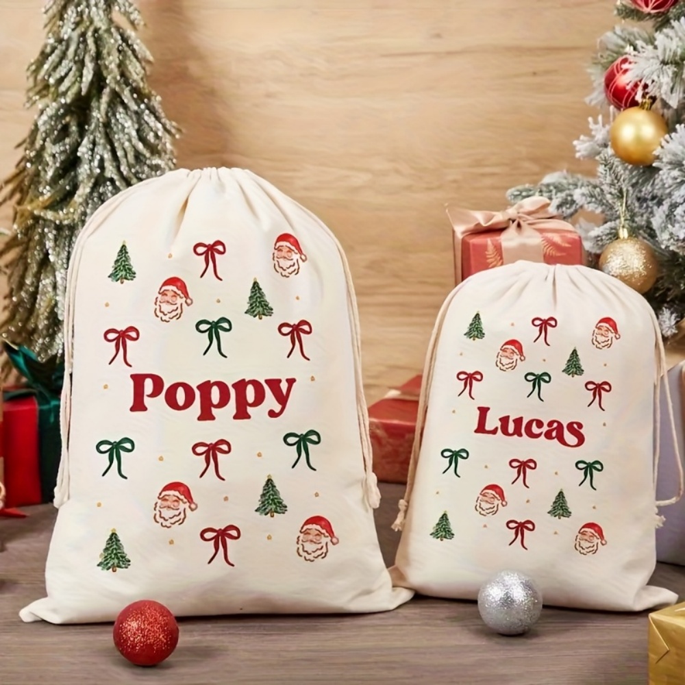 パーソナライズされたシンプルなサンタ＆クリスマスボウ付き巾着 - Food Storage Plant のレビューと価格