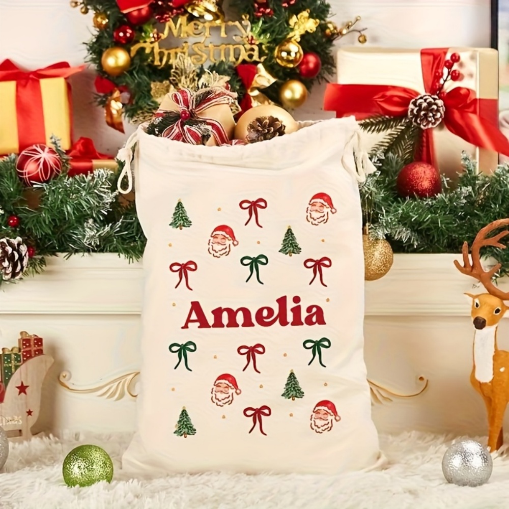 パーソナライズされたシンプルなサンタ＆クリスマスボウ付き巾着 - Food Storage Plant のレビューと価格