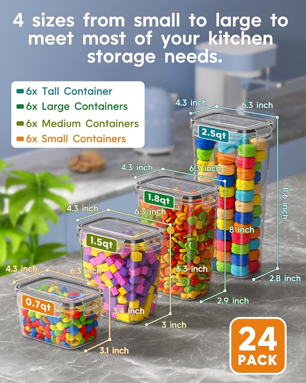 24個入り気密食品保存容器、蓋付き、BPAフリープラスチック - Food Storage In The Kitchen のレビューと価格